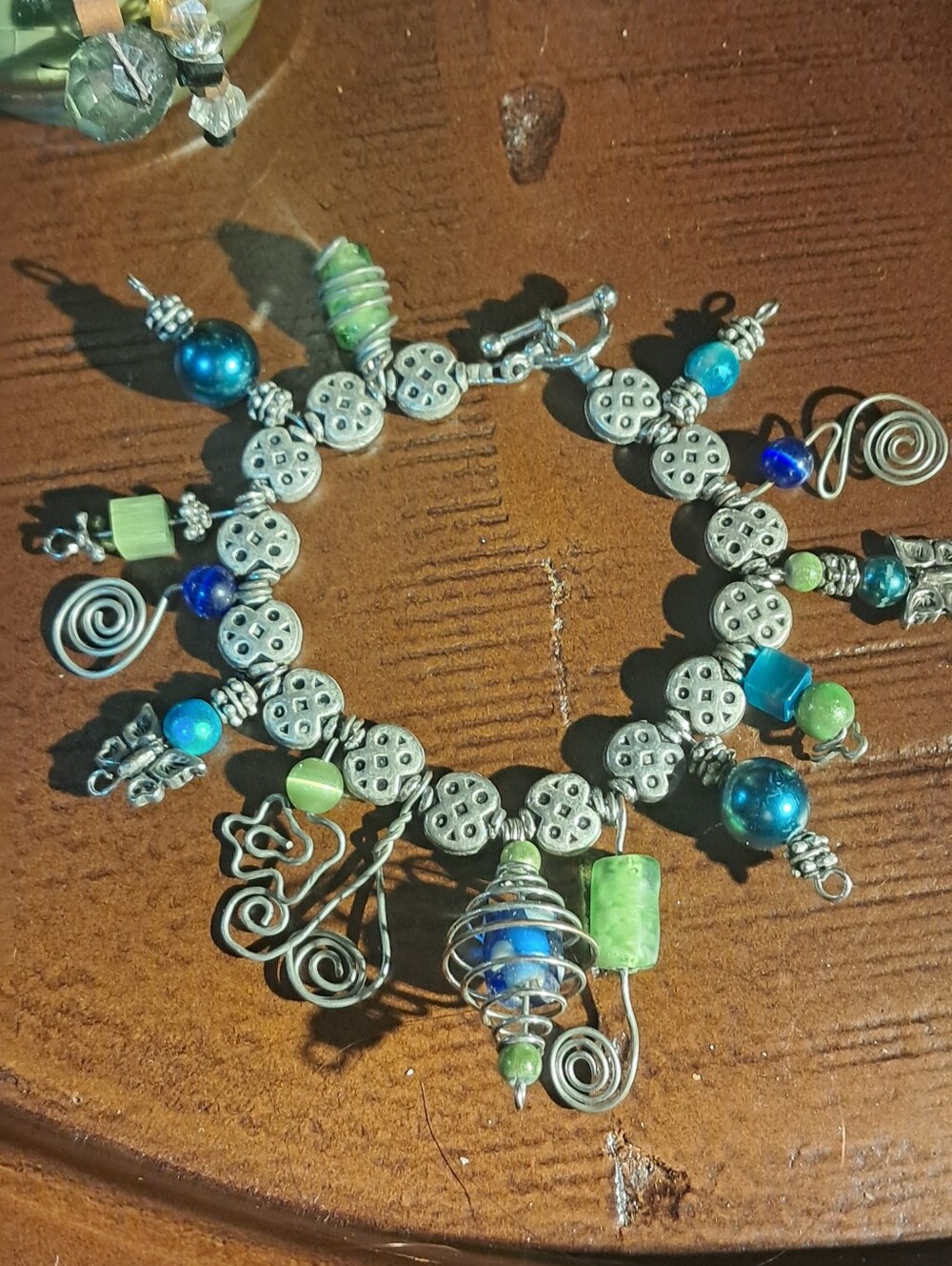 Green & Blue Mixed Bead Charm Bracelet - Women Jewelry
